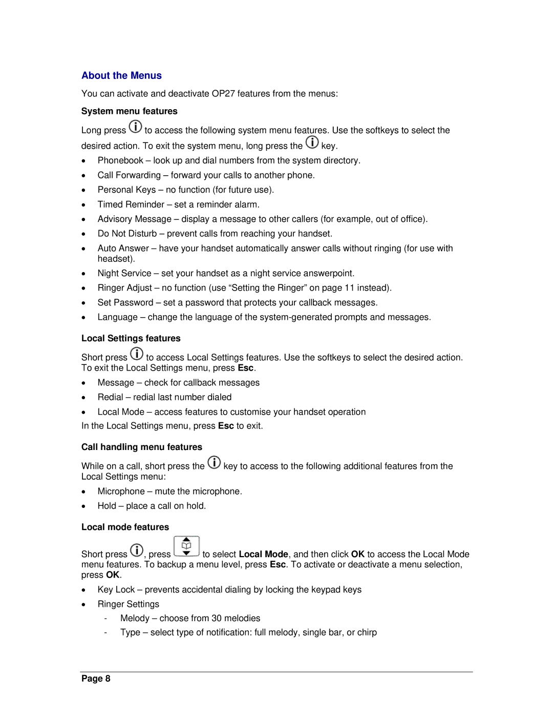 Mitel OpenPhone 27 manual About the Menus, System menu features, Local Settings features, Call handling menu features 