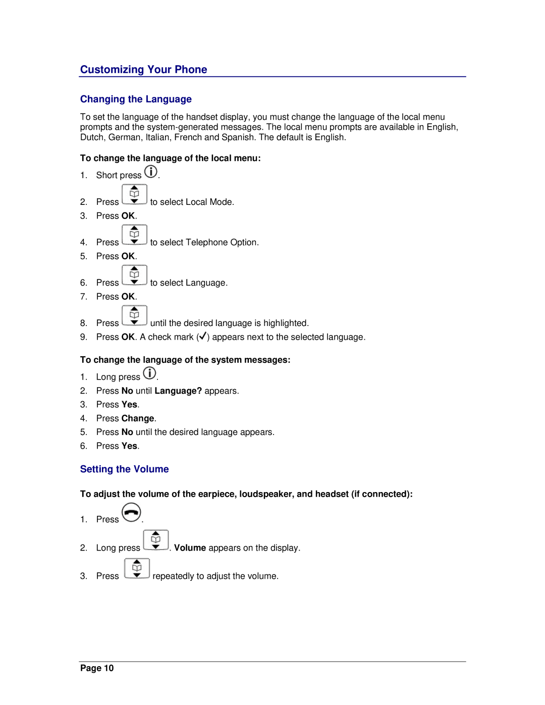 Mitel OpenPhone 27 manual Customizing Your Phone, Changing the Language, Setting the Volume 