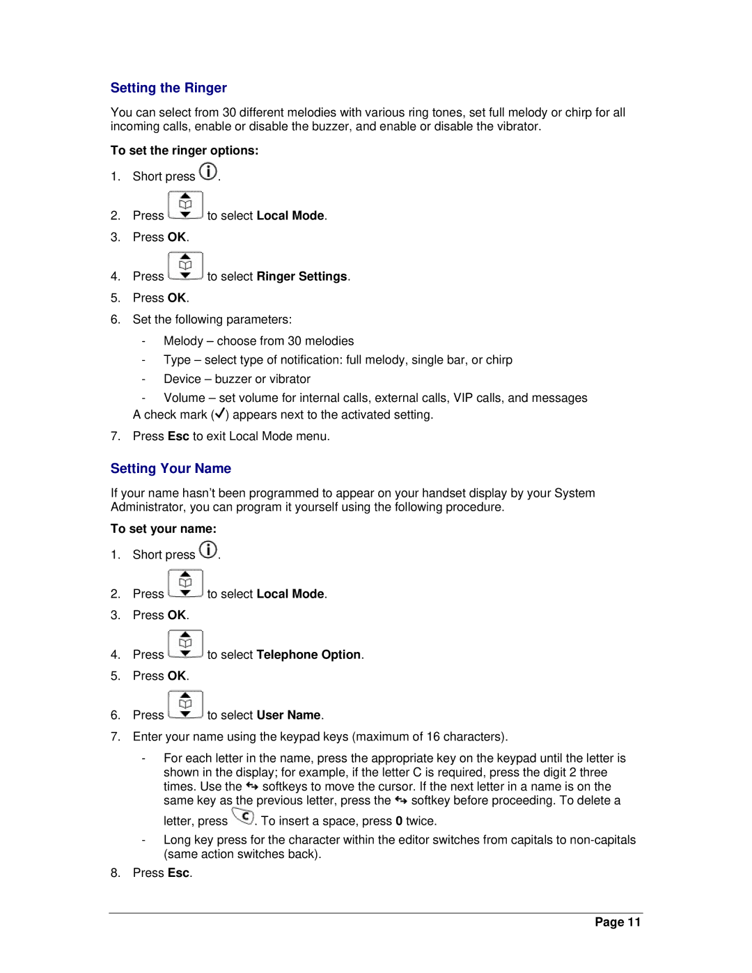 Mitel OpenPhone 27 manual Setting the Ringer, Setting Your Name, To set the ringer options, To set your name 