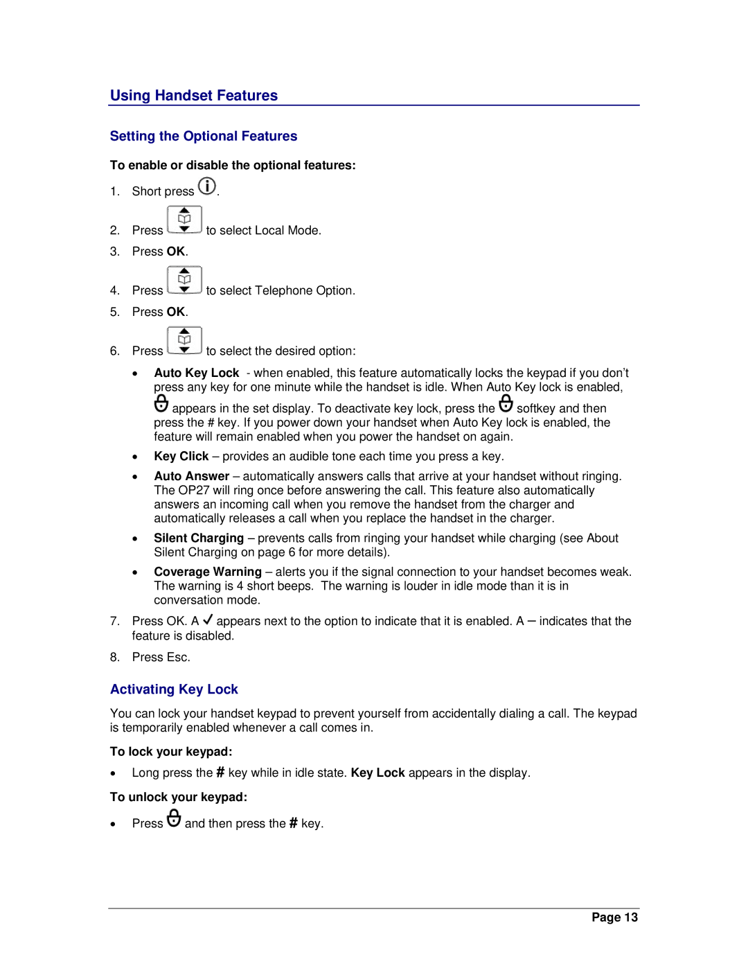 Mitel OpenPhone 27 manual Using Handset Features, Setting the Optional Features, Activating Key Lock 