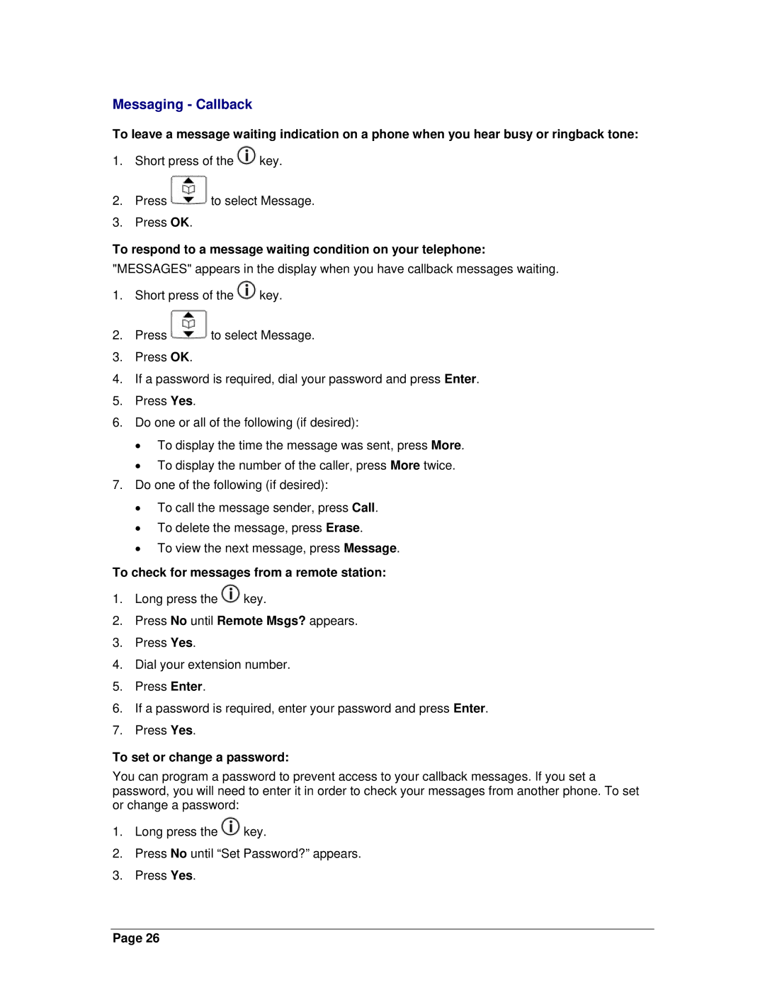 Mitel OpenPhone 27 manual Messaging Callback, To respond to a message waiting condition on your telephone 