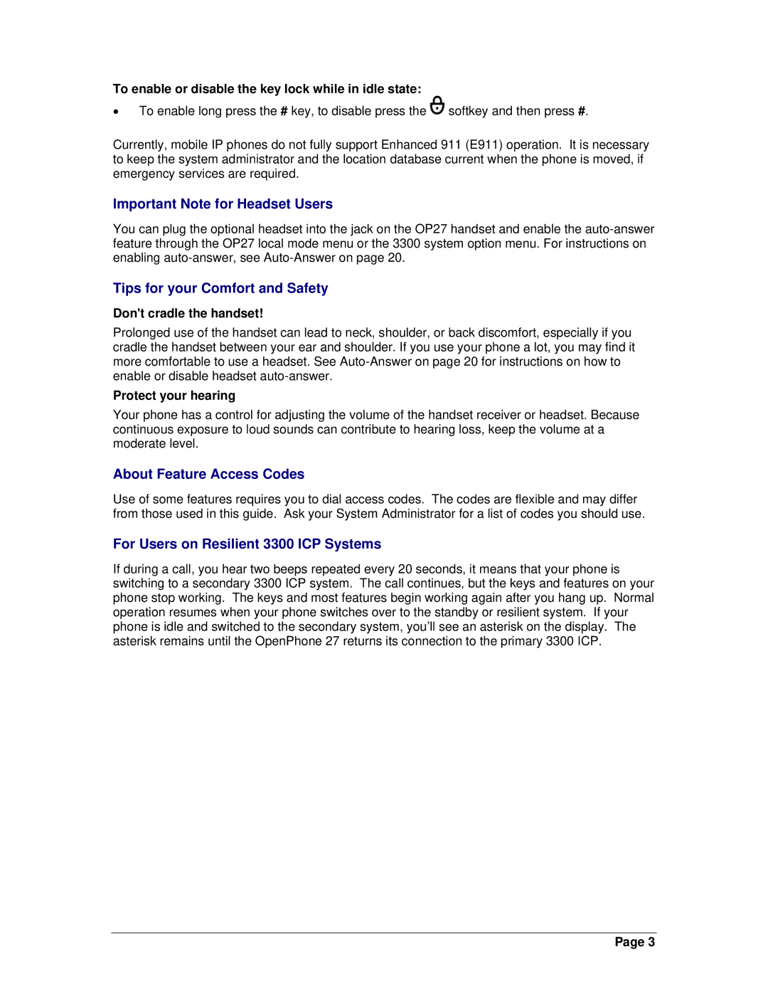 Mitel OpenPhone 27 manual Important Note for Headset Users, Tips for your Comfort and Safety, About Feature Access Codes 