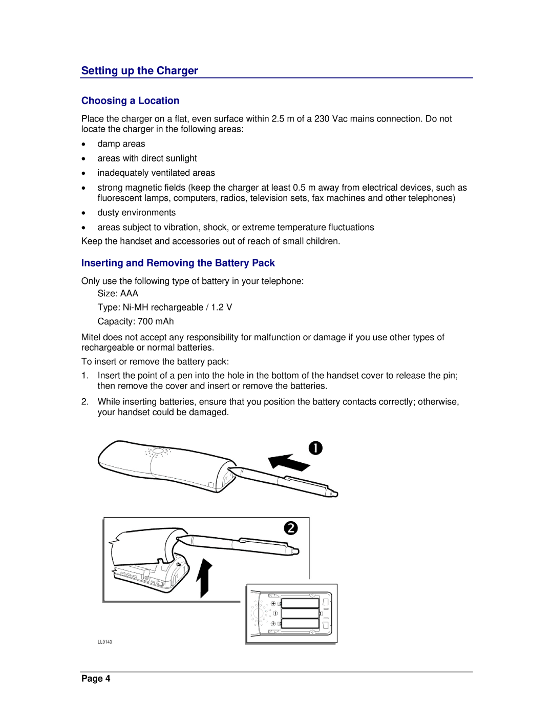 Mitel OpenPhone 27 manual Setting up the Charger, Choosing a Location, Inserting and Removing the Battery Pack 