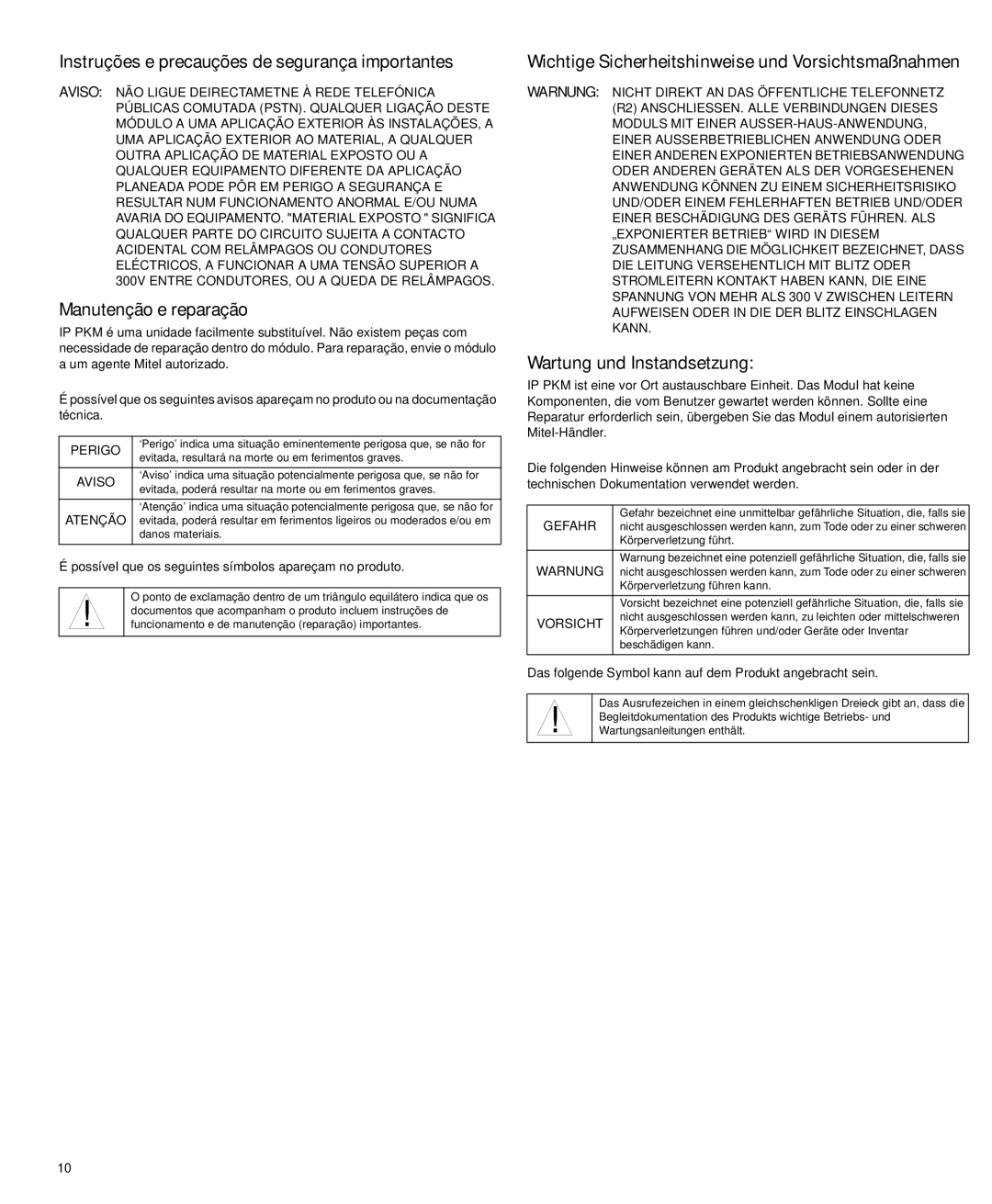 Mitel PKM IM Instruções e precauções de segurança importantes, Manutenção e reparação, Wartung und Instandsetzung 