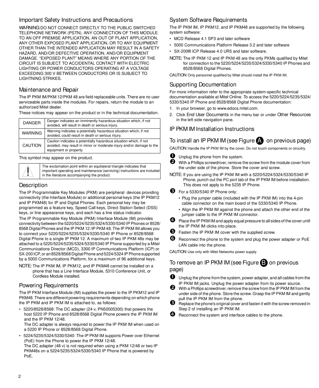 Mitel PKM IM Description, Powering Requirements, System Software Requirements, Supporting Documentation 