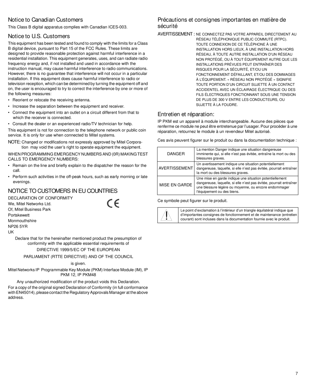 Mitel PKM IM Précautions et consignes importantes en matière de sécurité, Entretien et réparation, Is given 