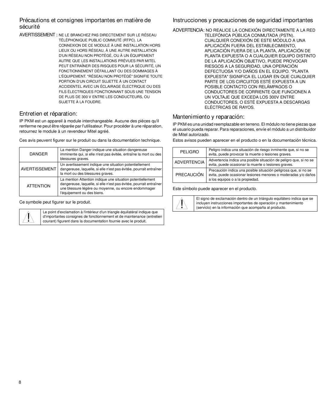 Mitel PKM IM installation instructions Instrucciones y precauciones de seguridad importantes, Mantenimiento y reparación 