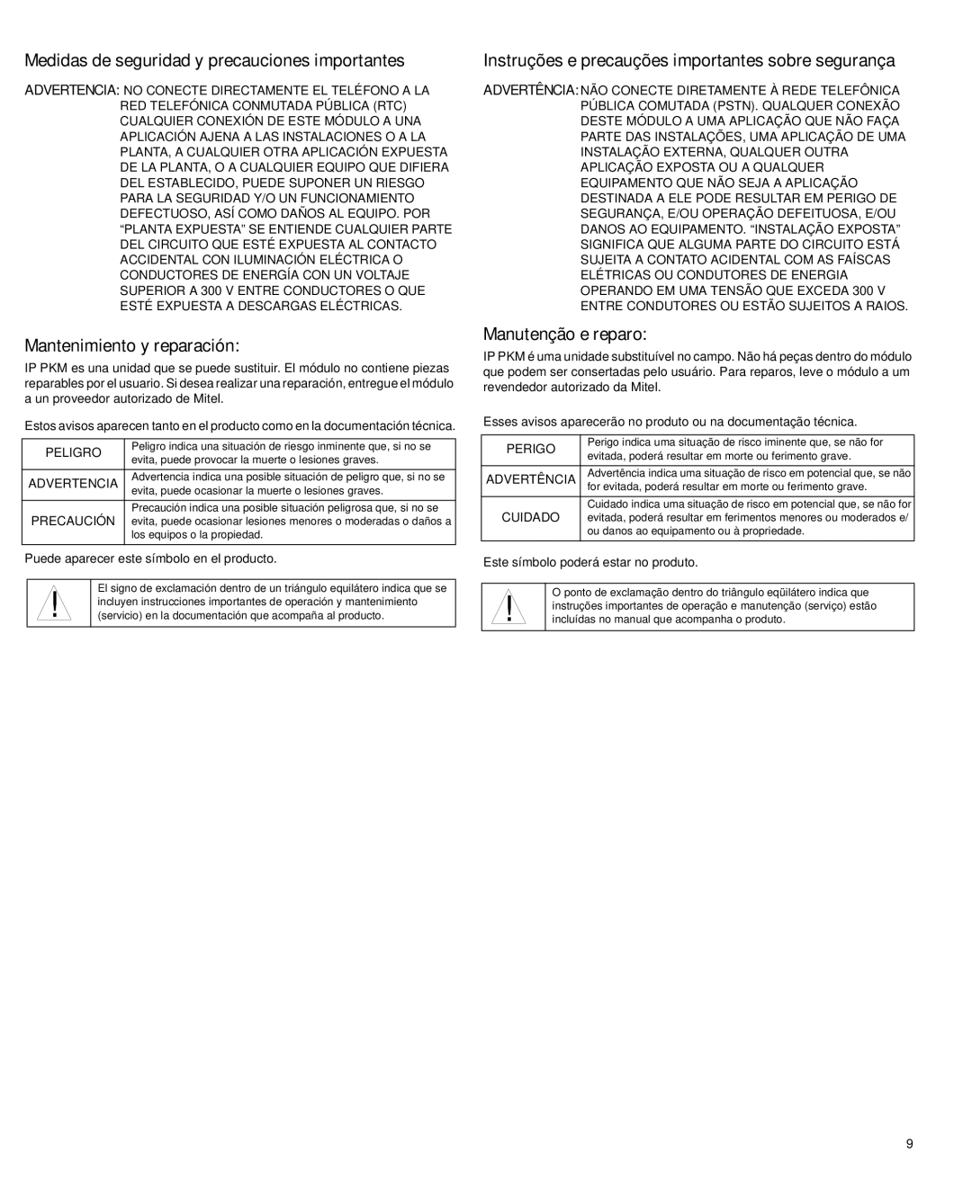 Mitel PKM IM Medidas de seguridad y precauciones importantes, Instruções e precauções importantes sobre segurança 