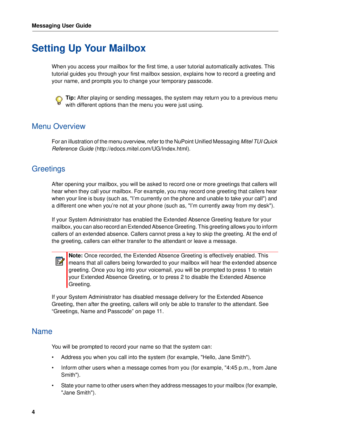 Mitel RELEASE 6.0 manual Setting Up Your Mailbox, Menu Overview Greetings, Name 