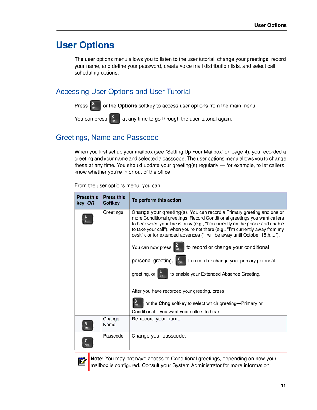 Mitel RELEASE 6.0 manual Accessing User Options and User Tutorial, Greetings, Name and Passcode 