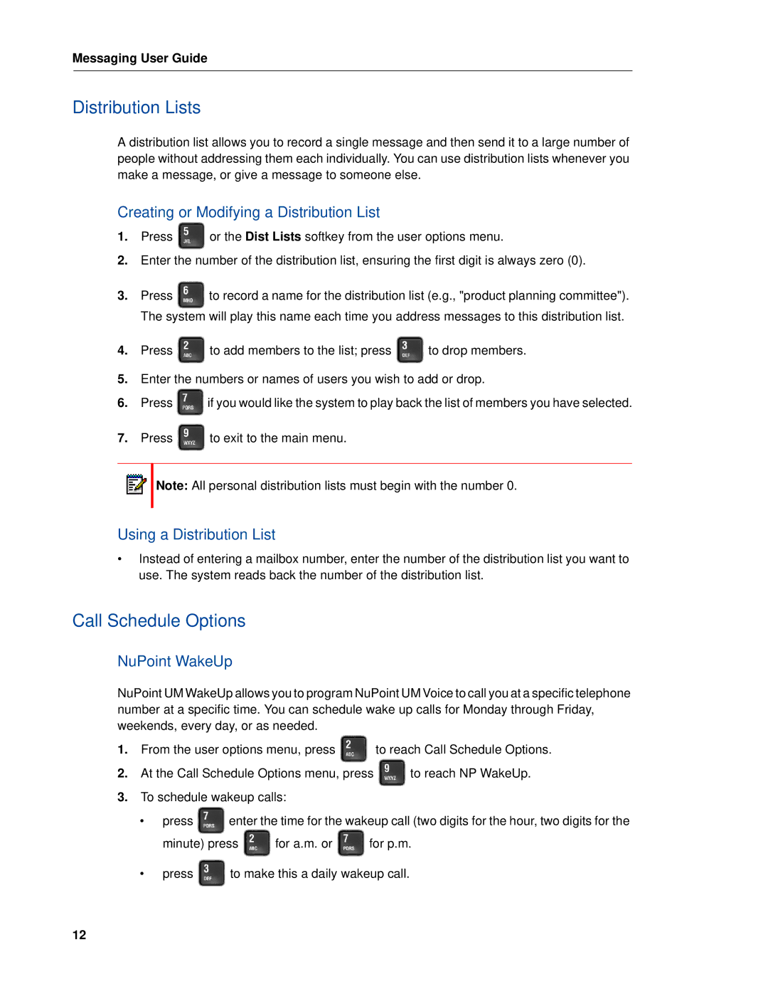 Mitel RELEASE 6.0 Distribution Lists, Call Schedule Options, Creating or Modifying a Distribution List, NuPoint WakeUp 