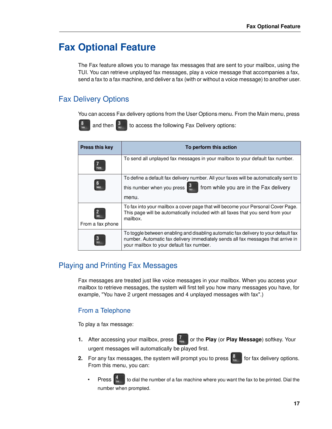 Mitel RELEASE 6.0 manual Fax Optional Feature, Fax Delivery Options, Playing and Printing Fax Messages, From a Telephone 