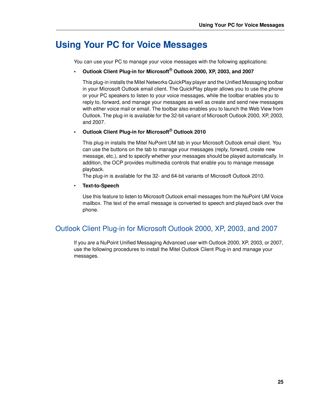 Mitel RELEASE 6.0 manual Using Your PC for Voice Messages, Outlook Client Plug-in for Microsoft Outlook, Text-to-Speech 