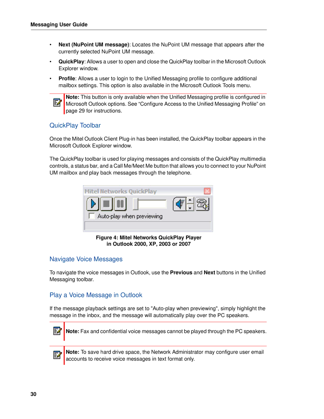 Mitel RELEASE 6.0 manual QuickPlay Toolbar, Navigate Voice Messages, Play a Voice Message in Outlook 