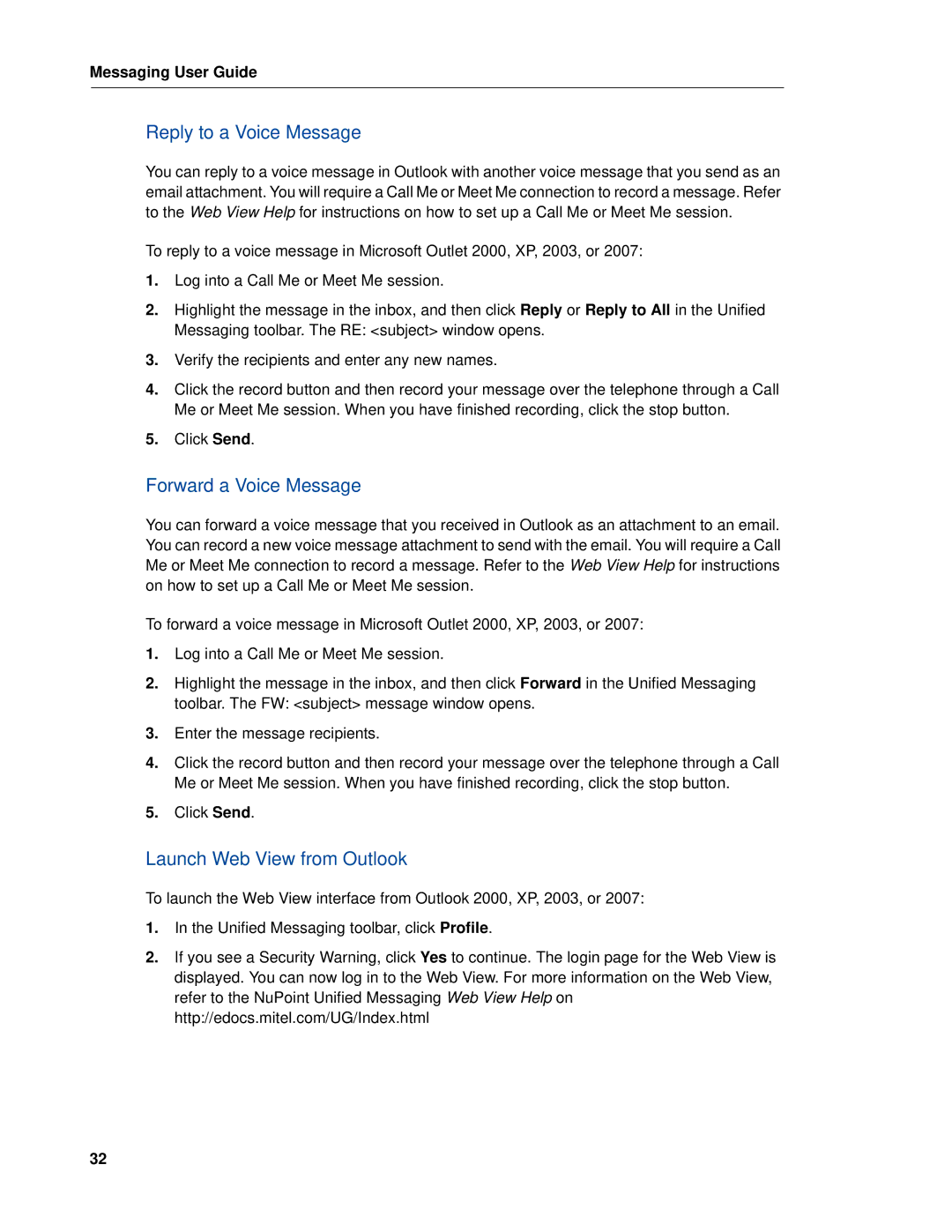 Mitel RELEASE 6.0 manual Reply to a Voice Message, Forward a Voice Message, Launch Web View from Outlook 