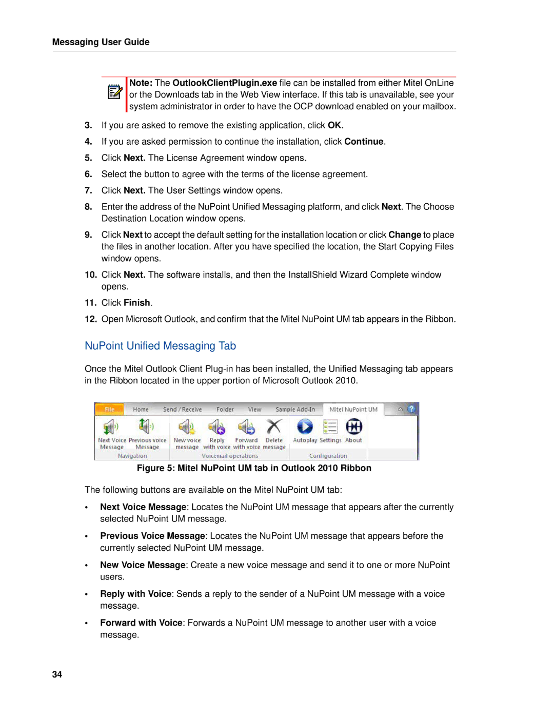 Mitel RELEASE 6.0 manual NuPoint Unified Messaging Tab, Mitel NuPoint UM tab in Outlook 2010 Ribbon 