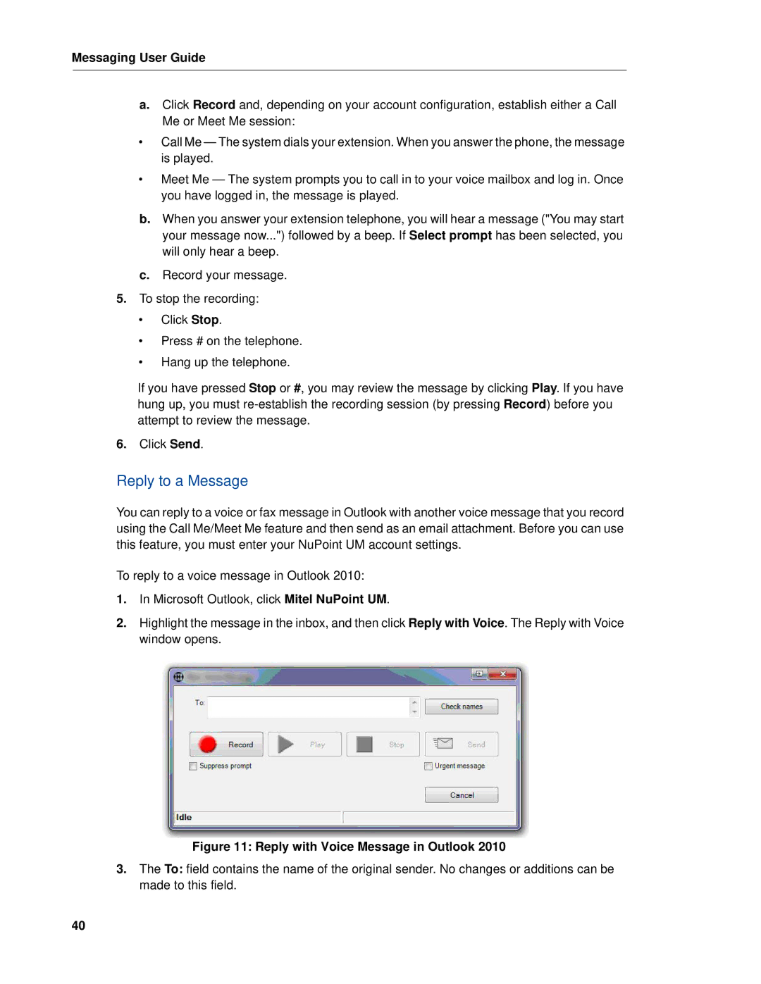 Mitel RELEASE 6.0 manual Reply to a Message, Reply with Voice Message in Outlook 