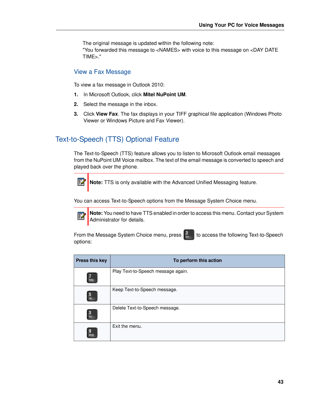 Mitel RELEASE 6.0 manual Text-to-Speech TTS Optional Feature, View a Fax Message 