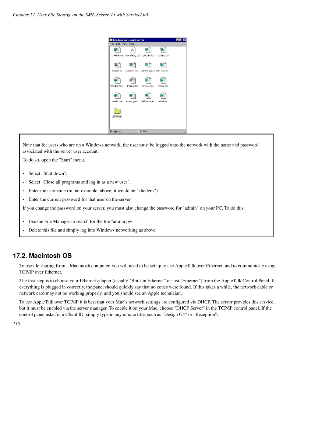 Mitel manual Macintosh OS, User File Storage on the SME Server V5 with ServiceLink 