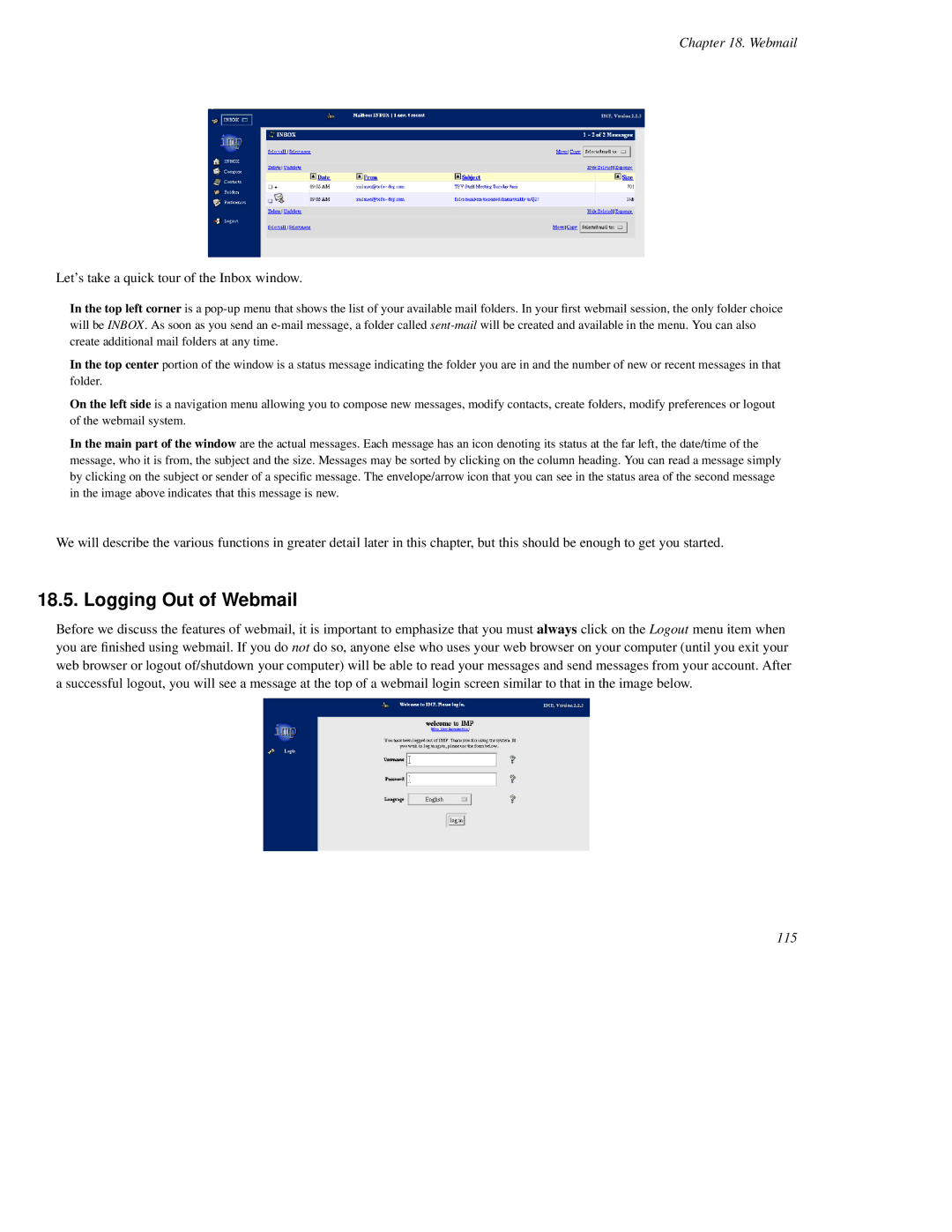 Mitel SME Server V5 with ServiceLink manual Logging Out of Webmail, Lets take a quick tour of the Inbox window 