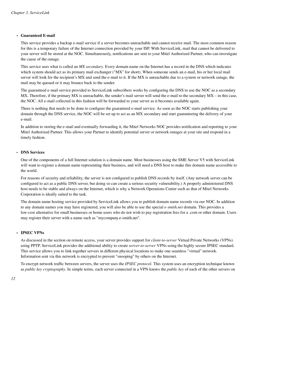 Mitel SME Server V5 with ServiceLink manual Guaranteed E-mail, DNS Services, Ipsec VPNs 
