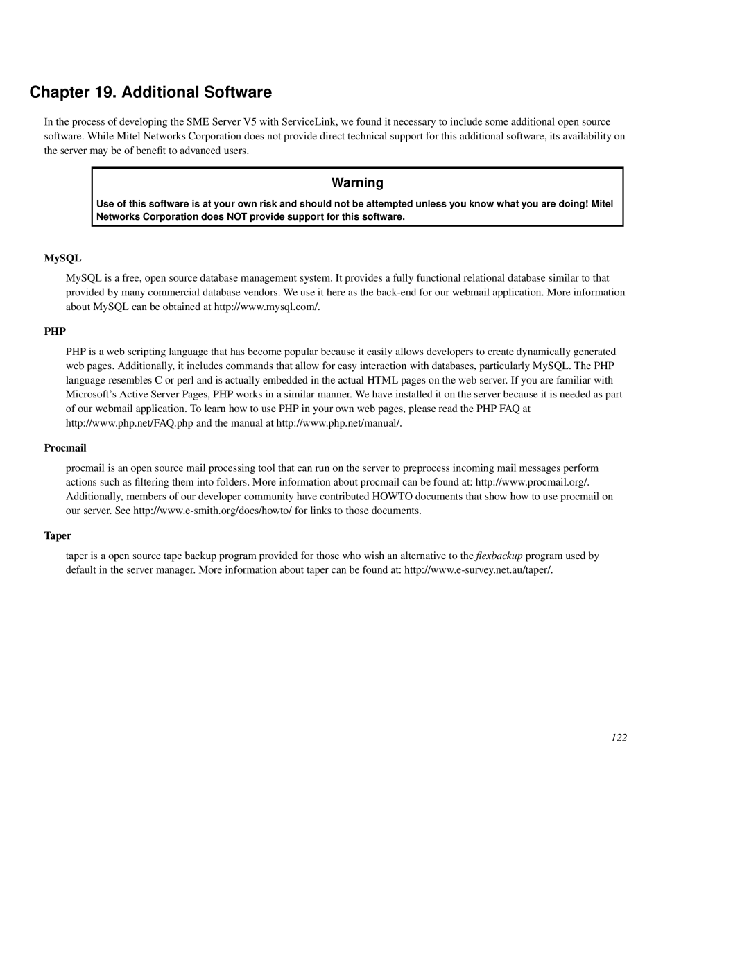 Mitel SME Server V5 with ServiceLink manual Additional Software, MySQL, Procmail Taper 