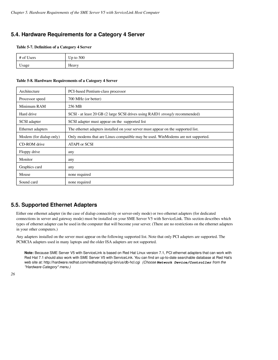 Mitel SME Server V5 with ServiceLink manual Hardware Requirements for a Category 4 Server, Supported Ethernet Adapters 