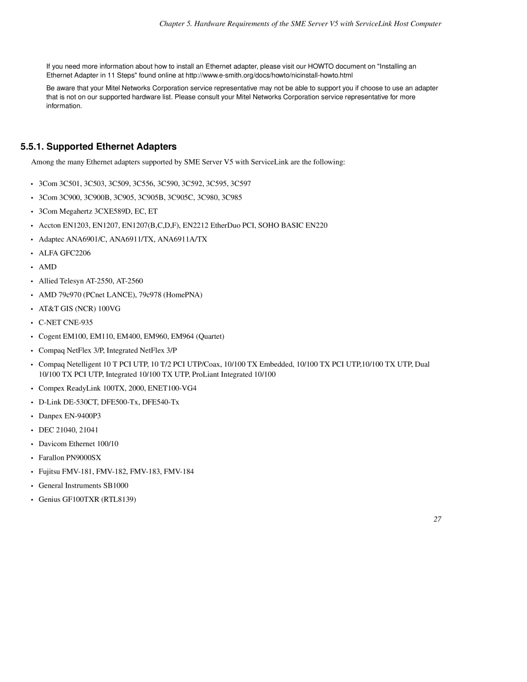 Mitel SME Server V5 with ServiceLink manual Supported Ethernet Adapters, Amd 