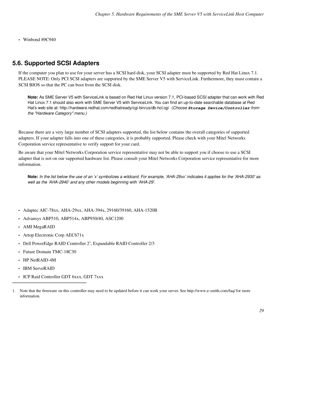 Mitel SME Server V5 with ServiceLink manual Supported Scsi Adapters 