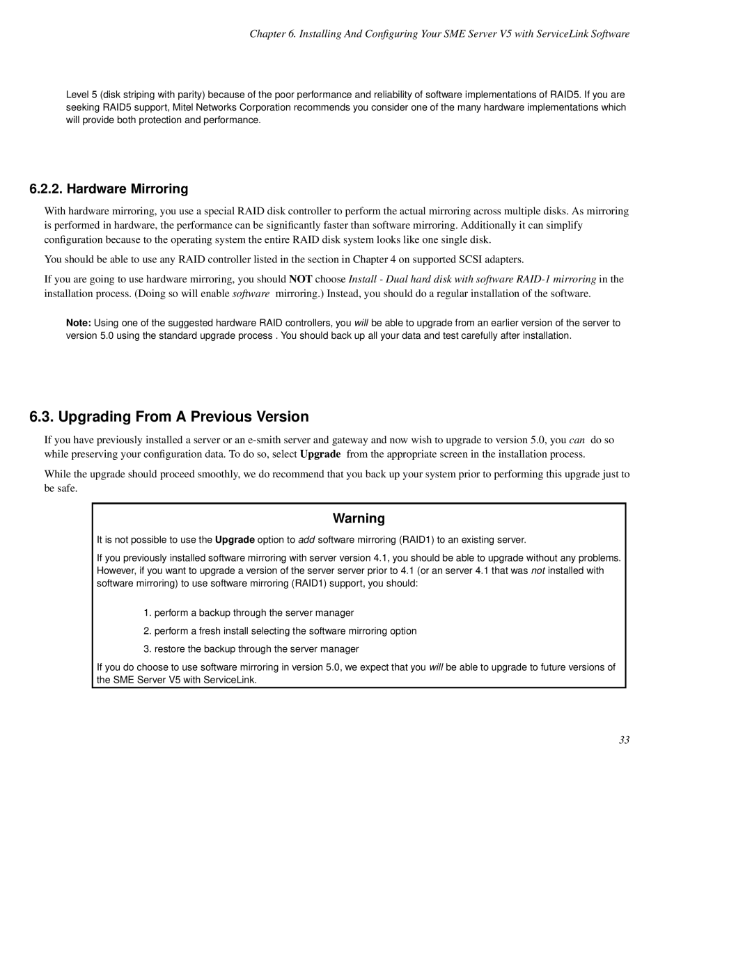 Mitel SME Server V5 with ServiceLink manual Upgrading From a Previous Version, Hardware Mirroring 