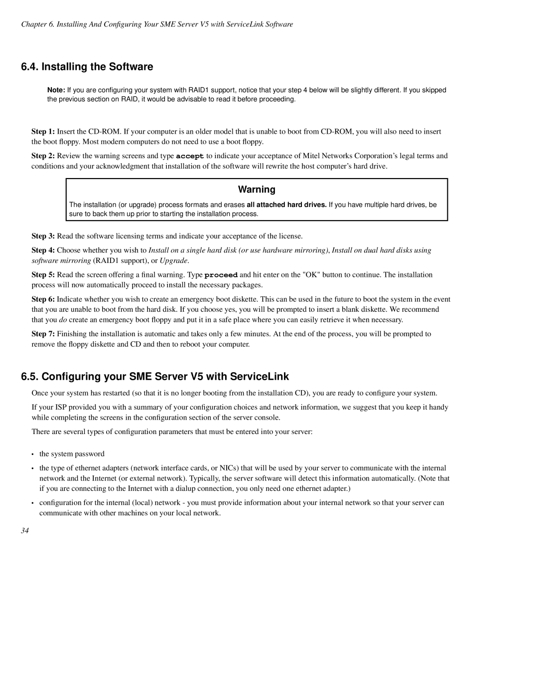 Mitel manual Installing the Software, Conﬁguring your SME Server V5 with ServiceLink 