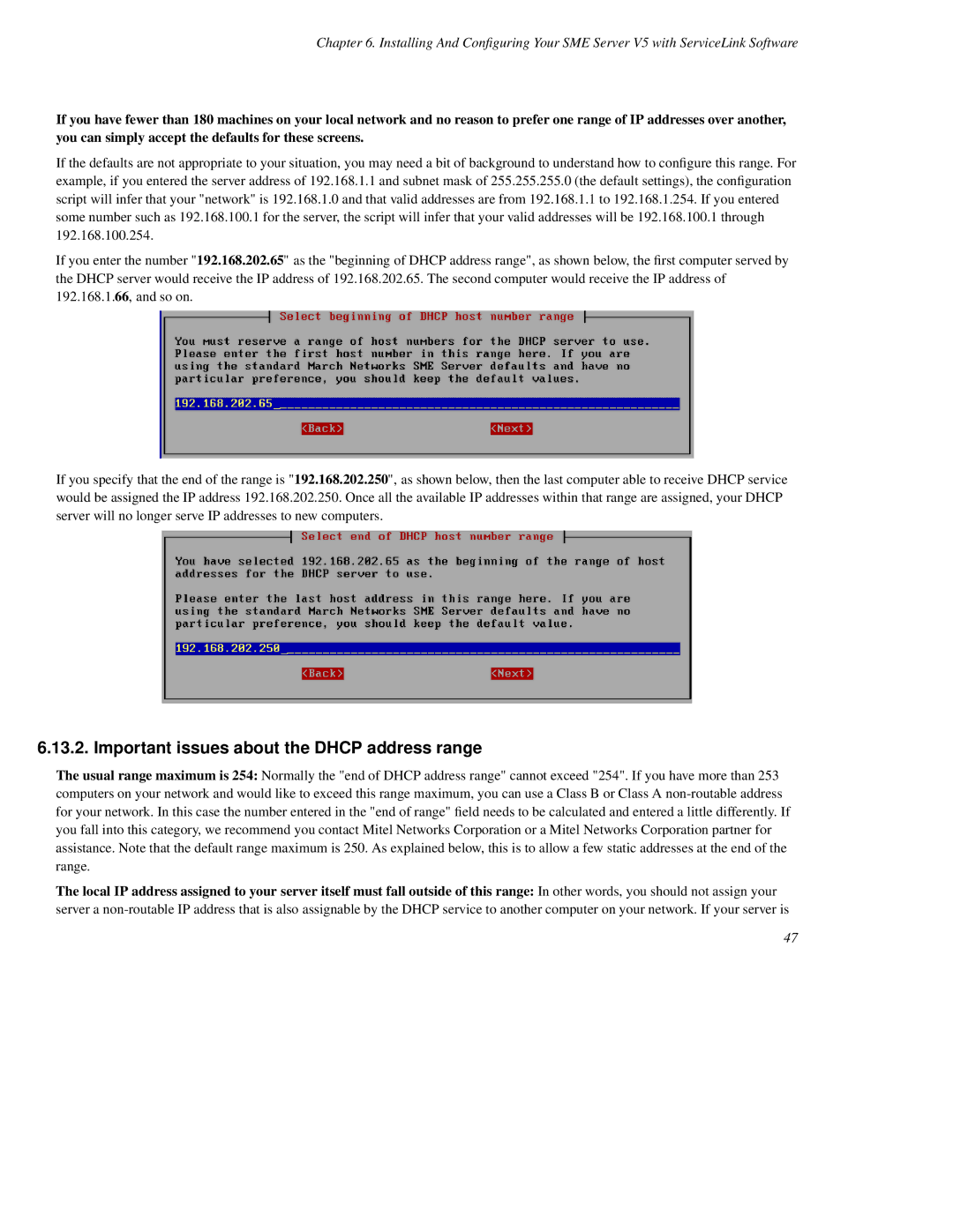 Mitel SME Server V5 with ServiceLink manual Important issues about the Dhcp address range 