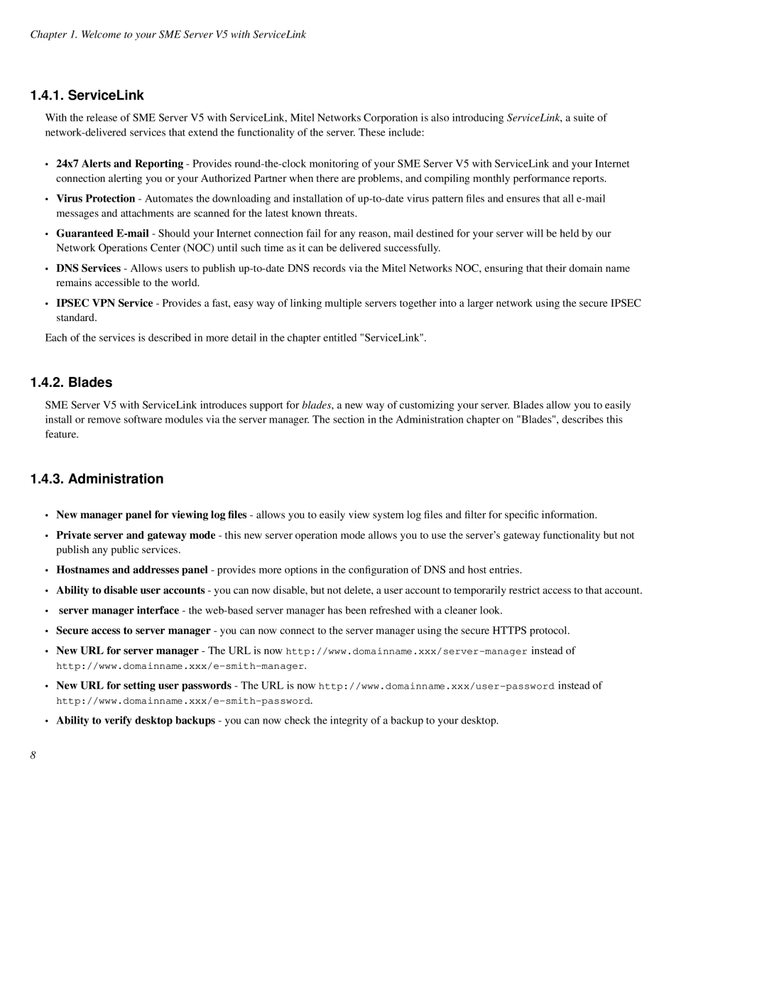 Mitel SME Server V5 with ServiceLink manual Blades, Administration 