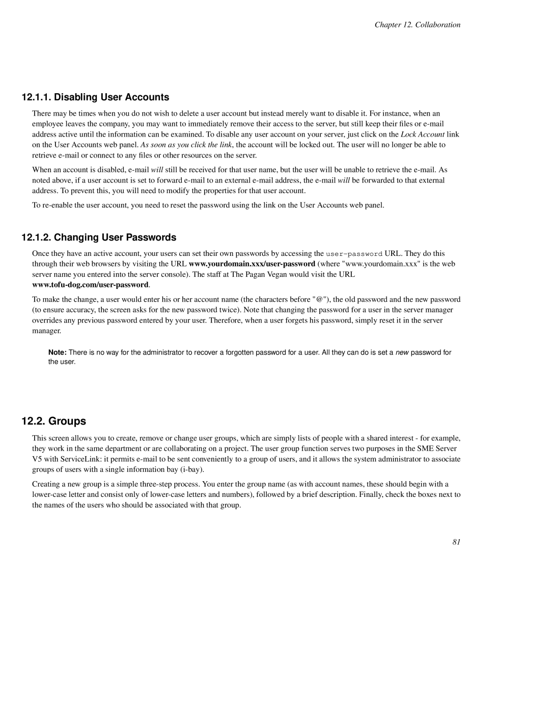 Mitel SME Server V5 with ServiceLink manual Groups, Disabling User Accounts, Changing User Passwords 