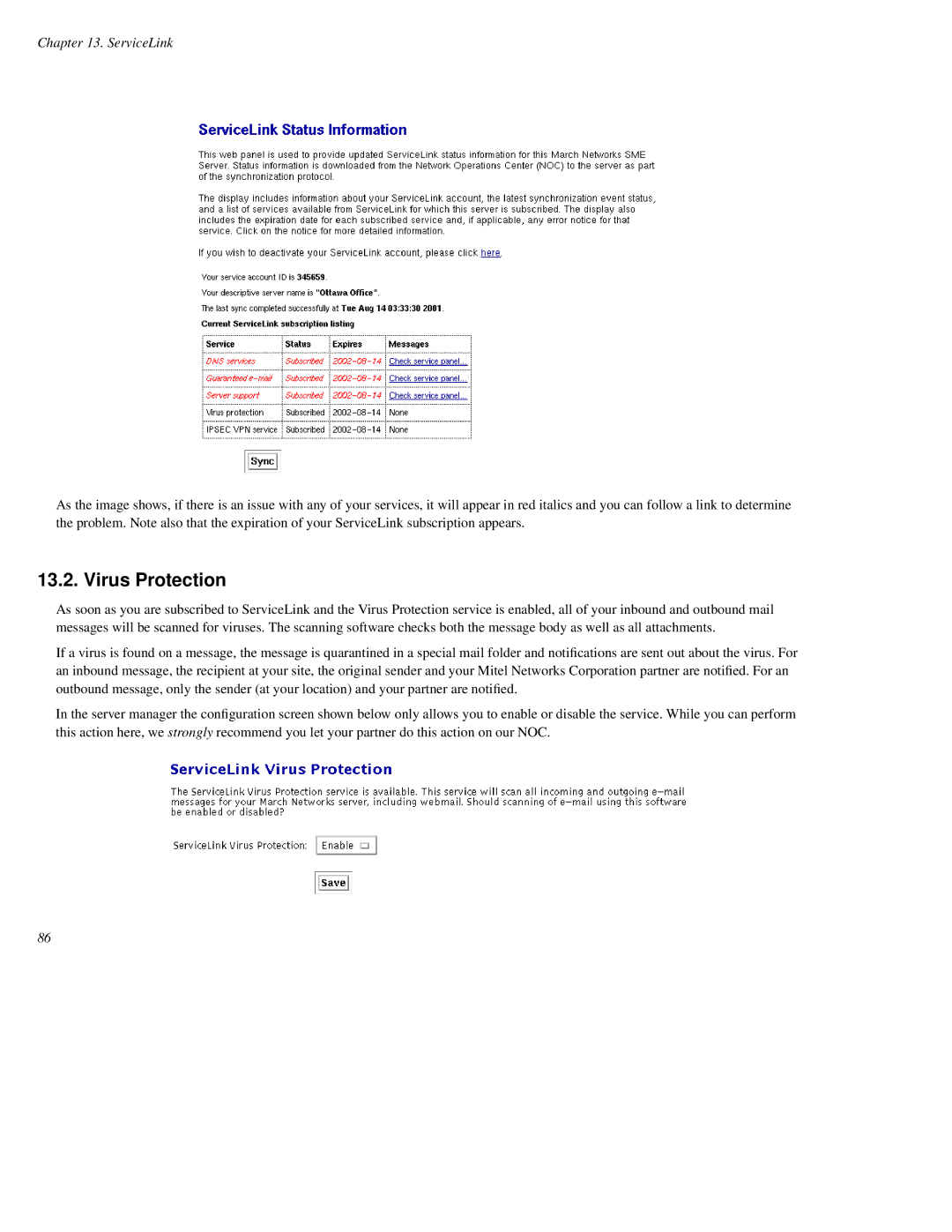 Mitel SME Server V5 with ServiceLink manual Virus Protection 