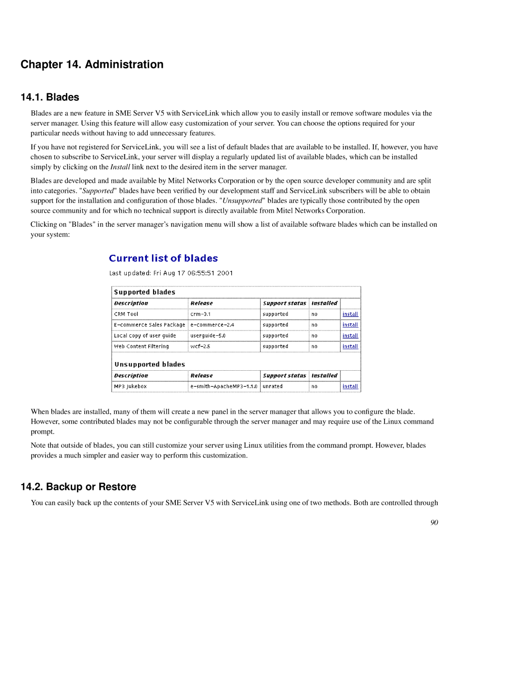 Mitel SME Server V5 with ServiceLink manual Administration, Blades, Backup or Restore 