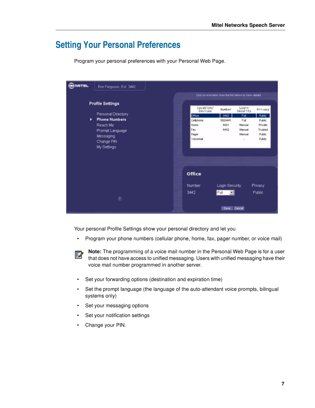 Mitel Speech Server manual Setting Your Personal Preferences 