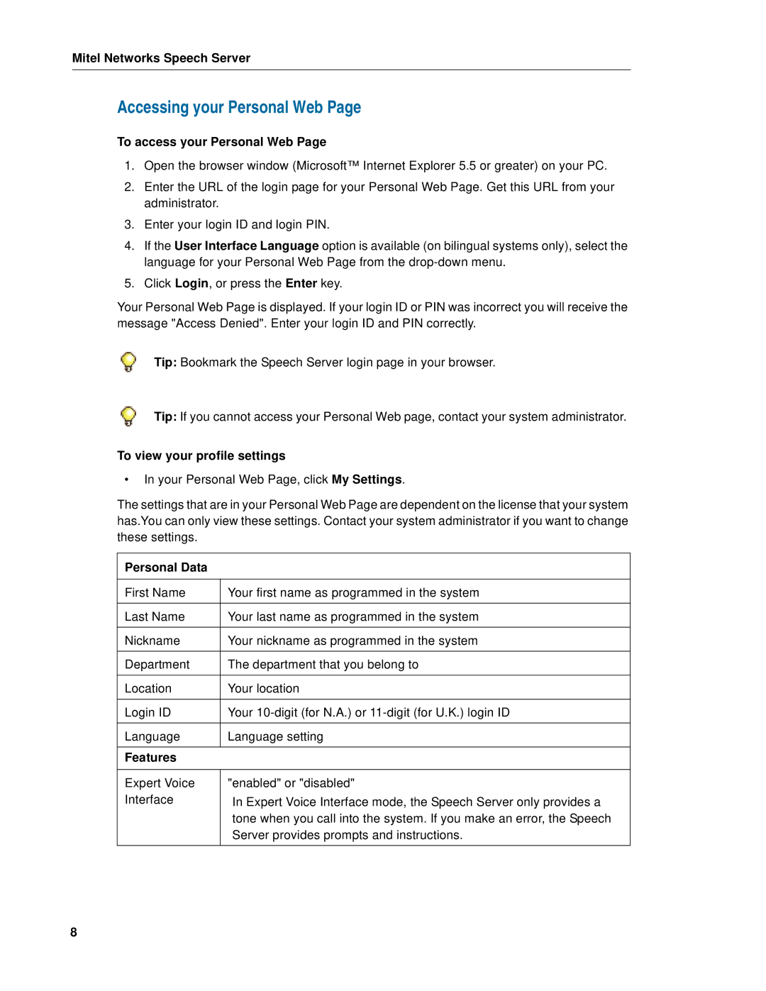 Mitel Speech Server Accessing your Personal Web, To access your Personal Web, To view your profile settings, Personal Data 