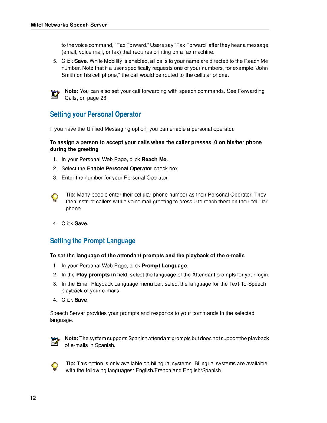 Mitel Speech Server manual Setting your Personal Operator, Setting the Prompt Language 