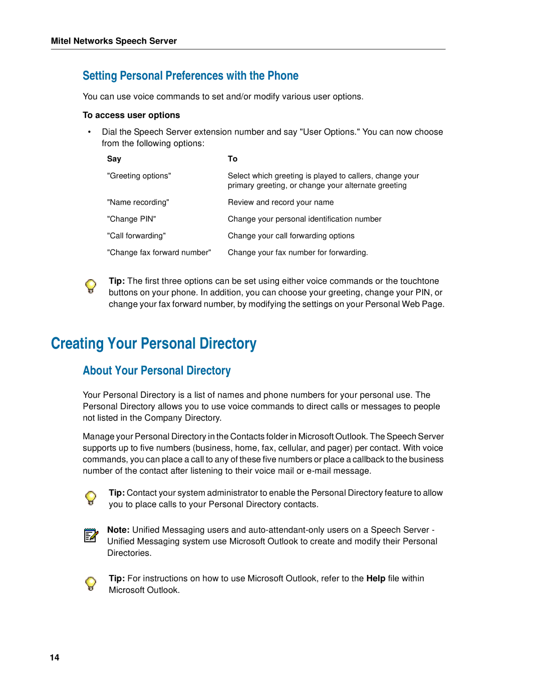 Mitel Speech Server Creating Your Personal Directory, Setting Personal Preferences with the Phone, To access user options 