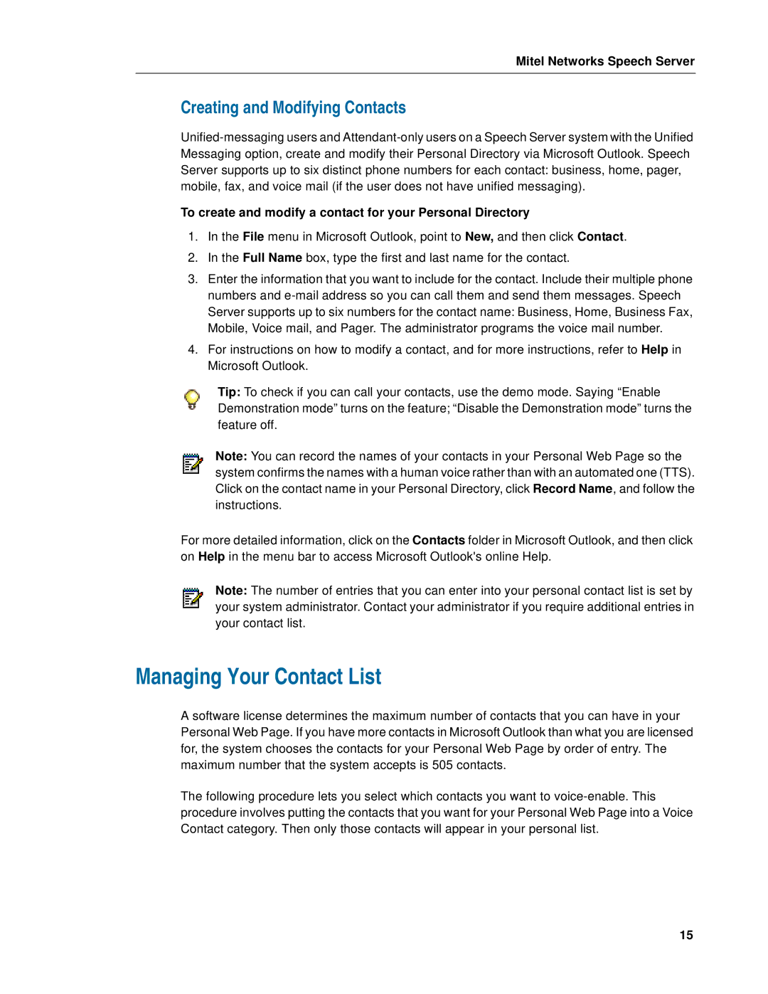 Mitel Speech Server manual Managing Your Contact List, Creating and Modifying Contacts 