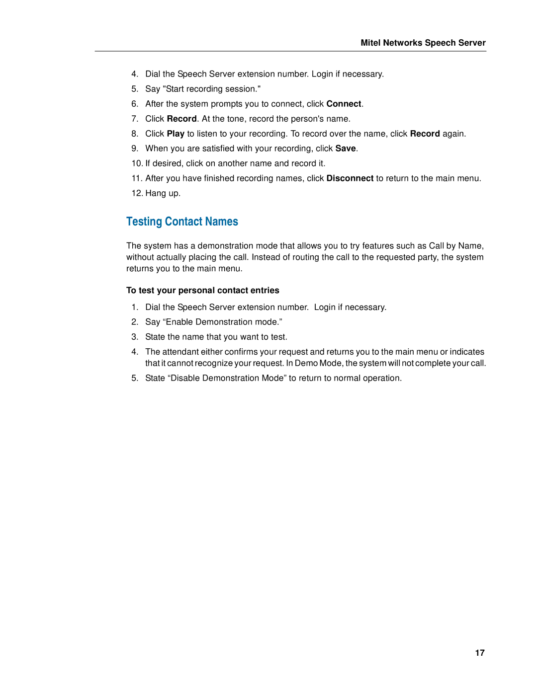 Mitel Speech Server manual Testing Contact Names, To test your personal contact entries 