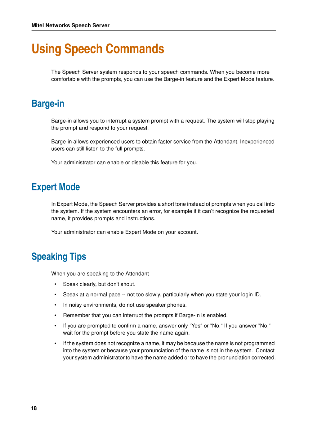 Mitel Speech Server manual Barge-in, Expert Mode, Speaking Tips 