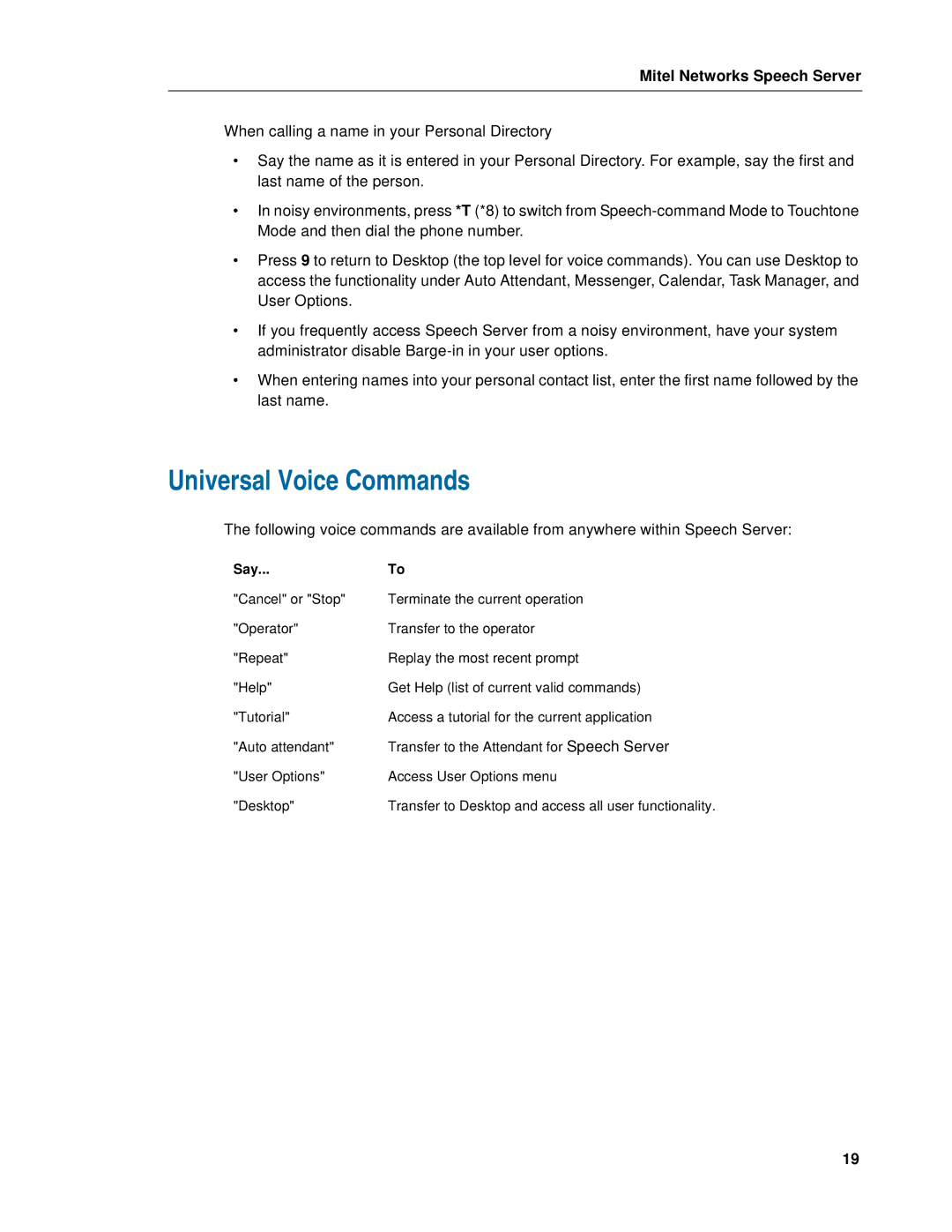 Mitel Speech Server manual Universal Voice Commands 