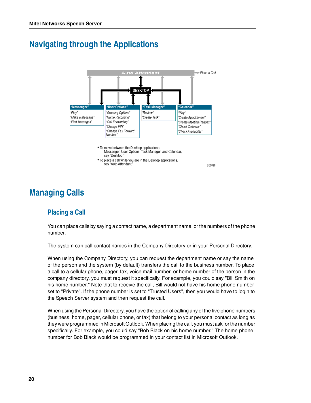 Mitel Speech Server manual Navigating through the Applications Managing Calls, Placing a Call 