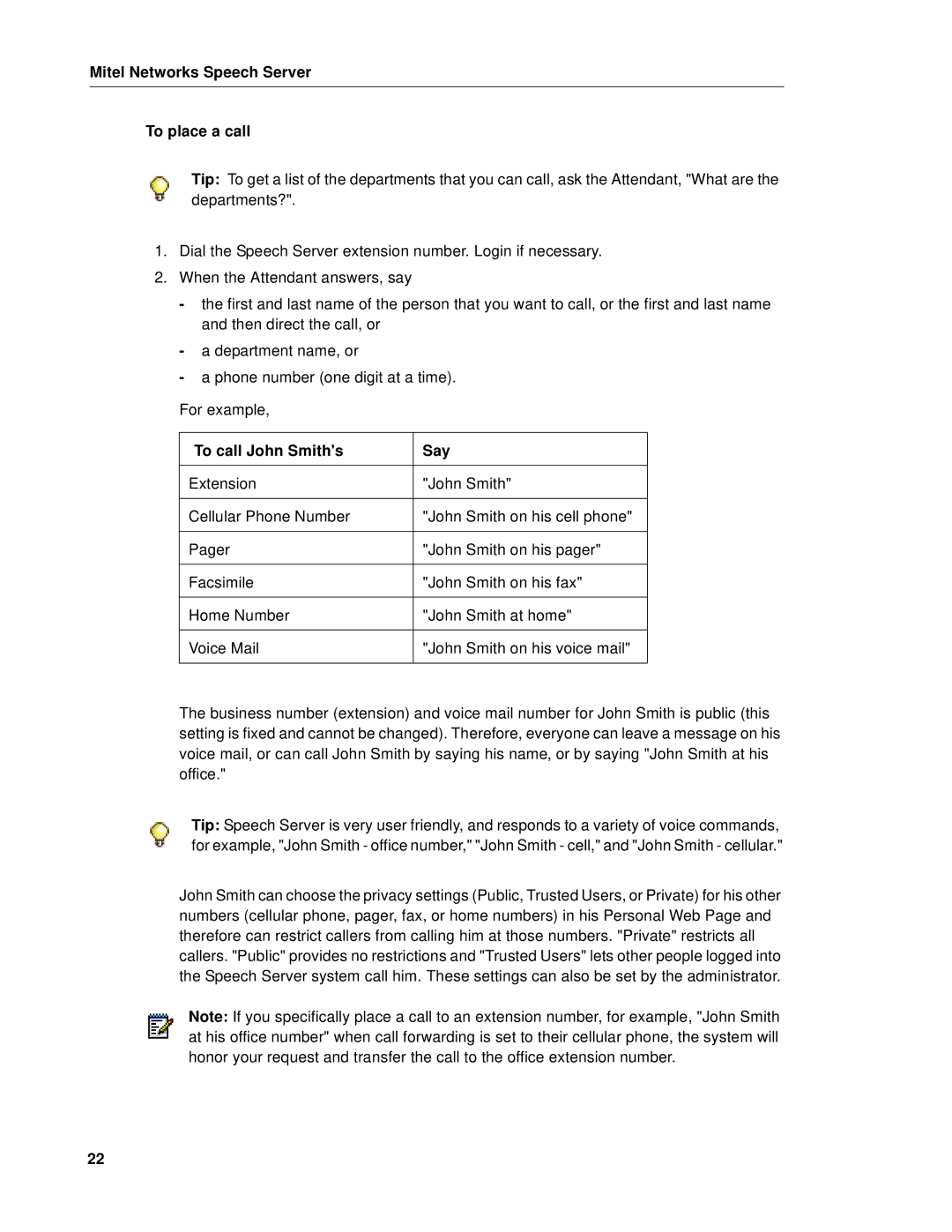 Mitel manual Mitel Networks Speech Server To place a call, To call John Smiths Say 