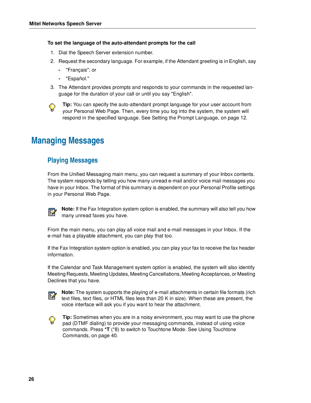 Mitel Speech Server manual Managing Messages, Playing Messages 