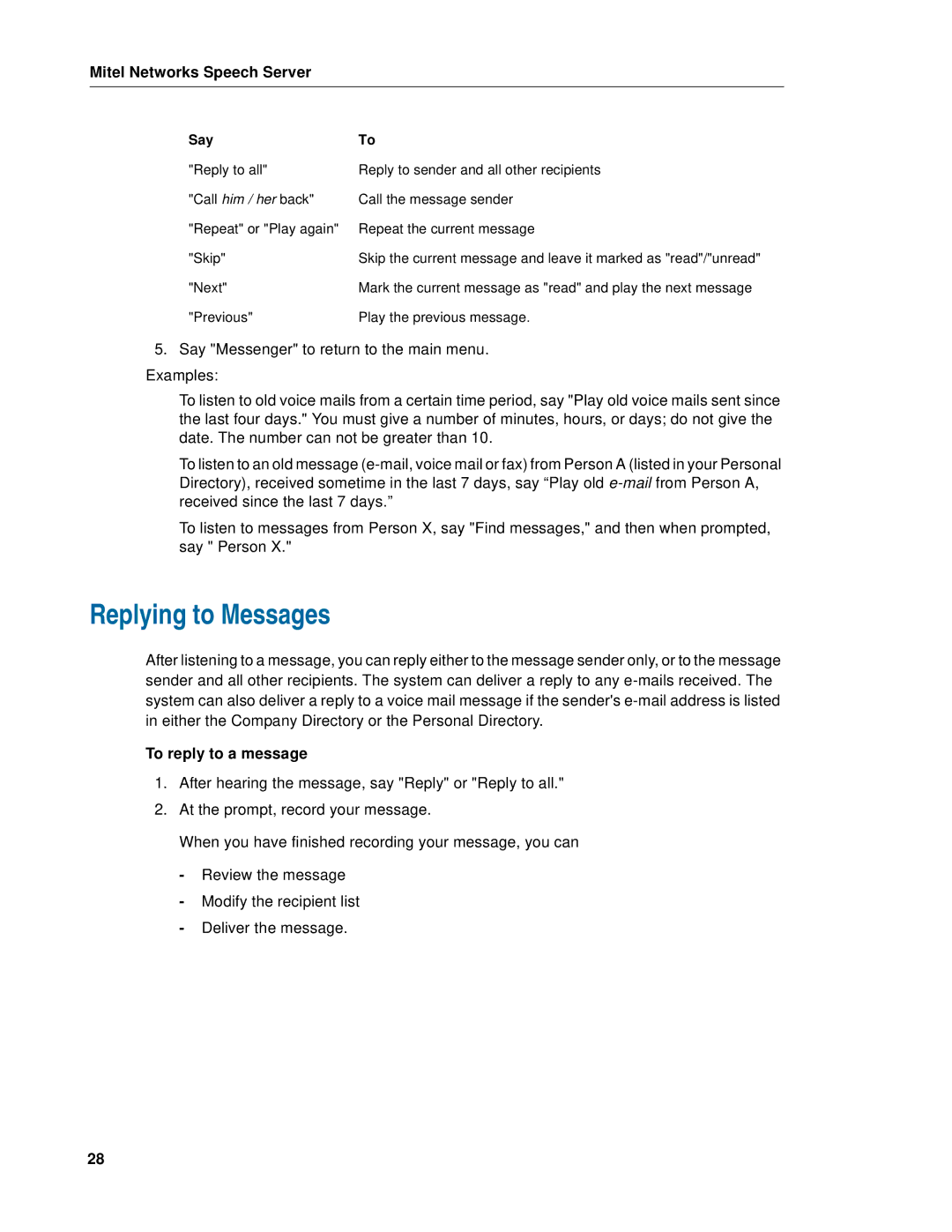 Mitel Speech Server manual Replying to Messages, To reply to a message 