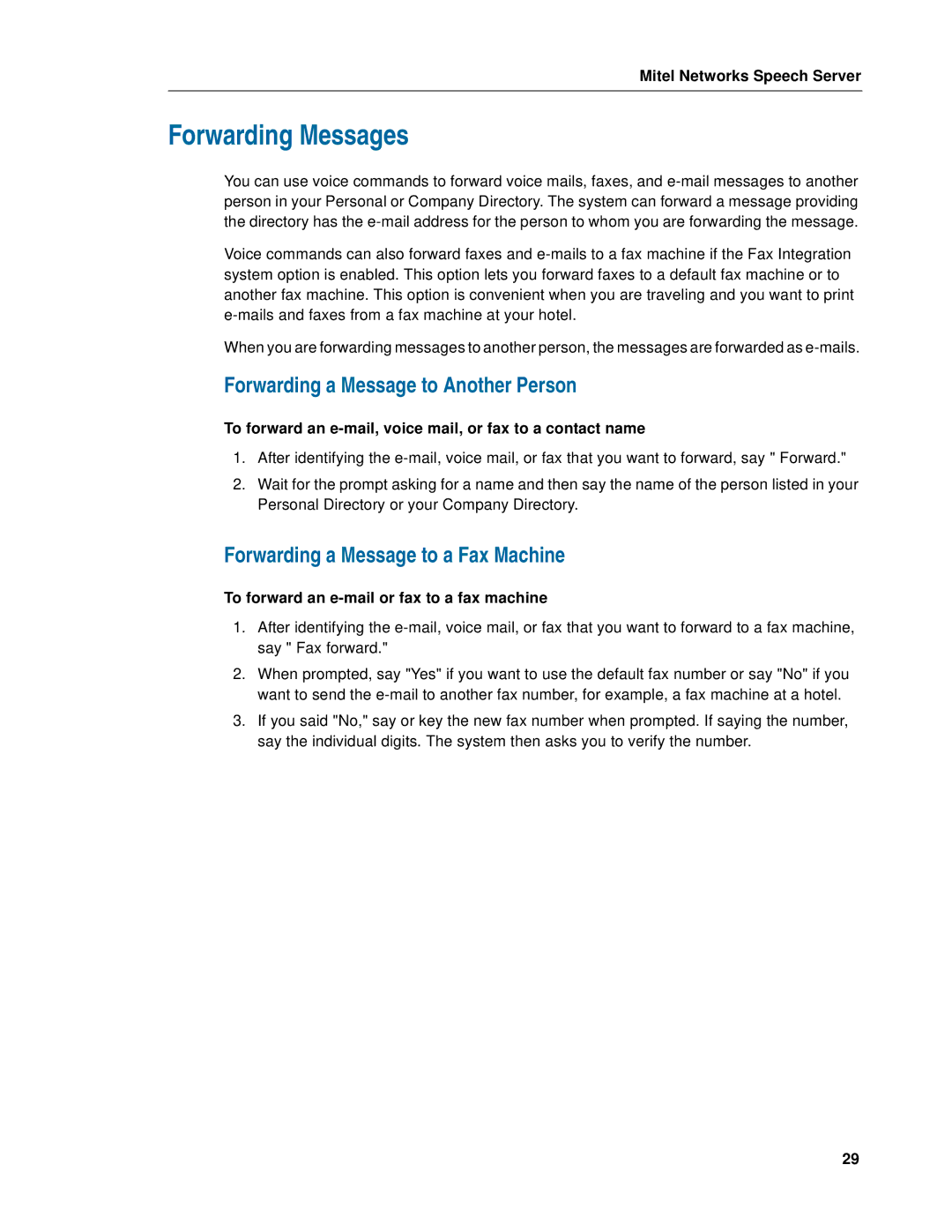 Mitel Speech Server Forwarding Messages, Forwarding a Message to Another Person, Forwarding a Message to a Fax Machine 