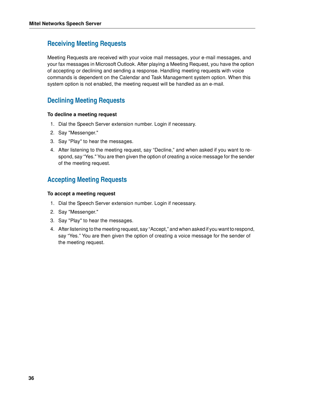 Mitel Speech Server manual Receiving Meeting Requests, Declining Meeting Requests, Accepting Meeting Requests 